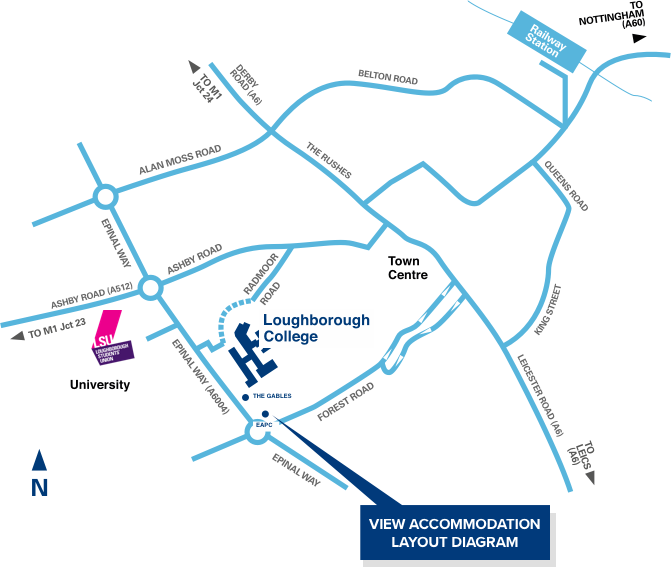 Map of Loughborough showing the close proximity of the halls of residence to the college and the town centre