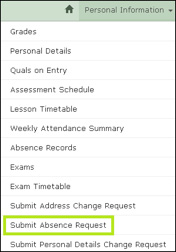 Screenshot of ILP Menu highlighting Report Absence Option