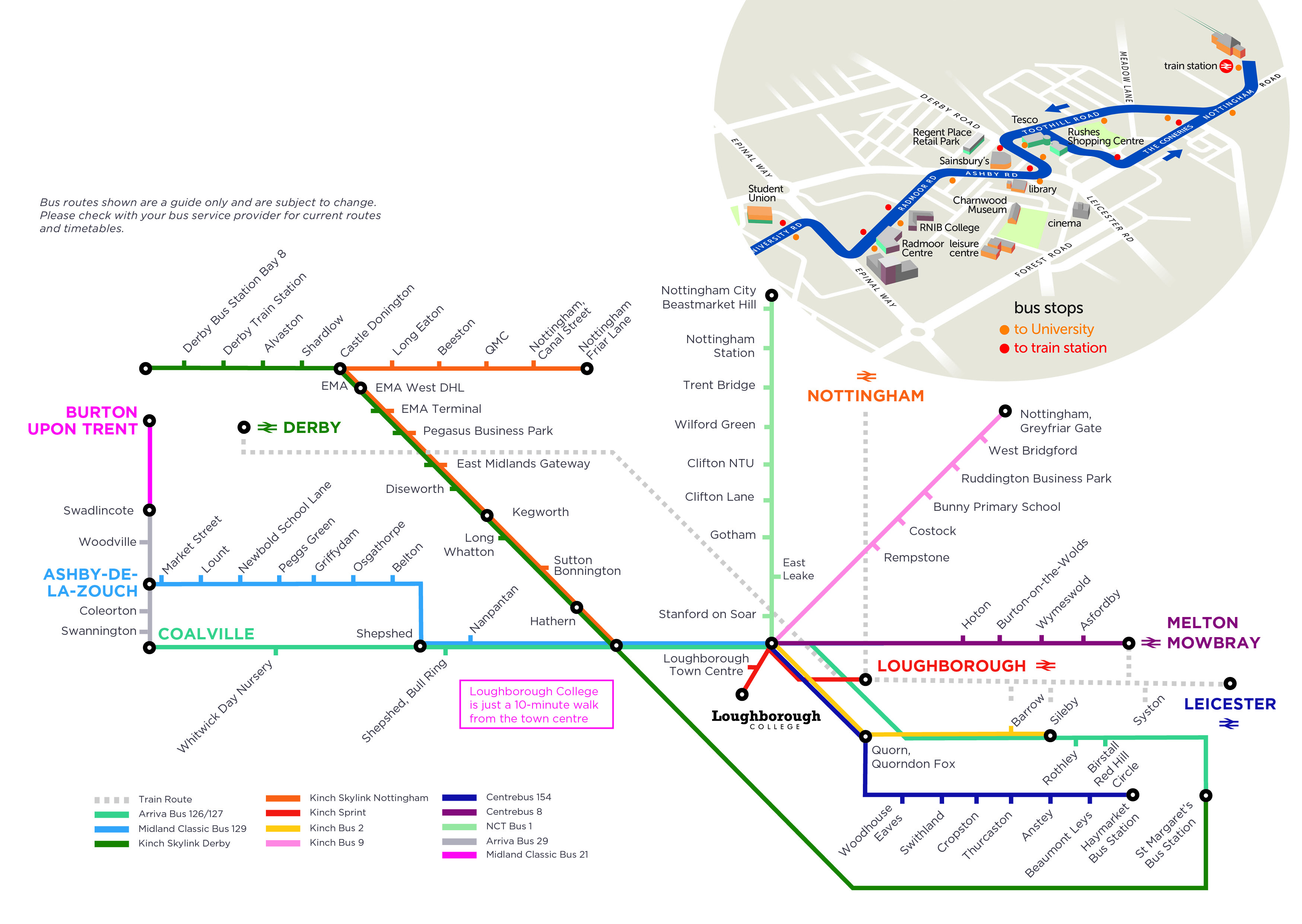 A map of bus routes to Loughborough College.