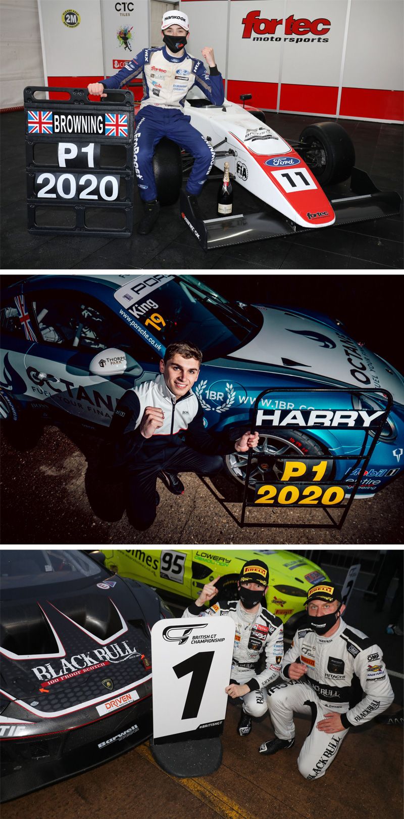 Pictured are Loughborough College Graduates - Luke Browning, Sandy Mitchell, Harry King standing next to their championship winning cars with a pit board sign marking number 1 in 2020 