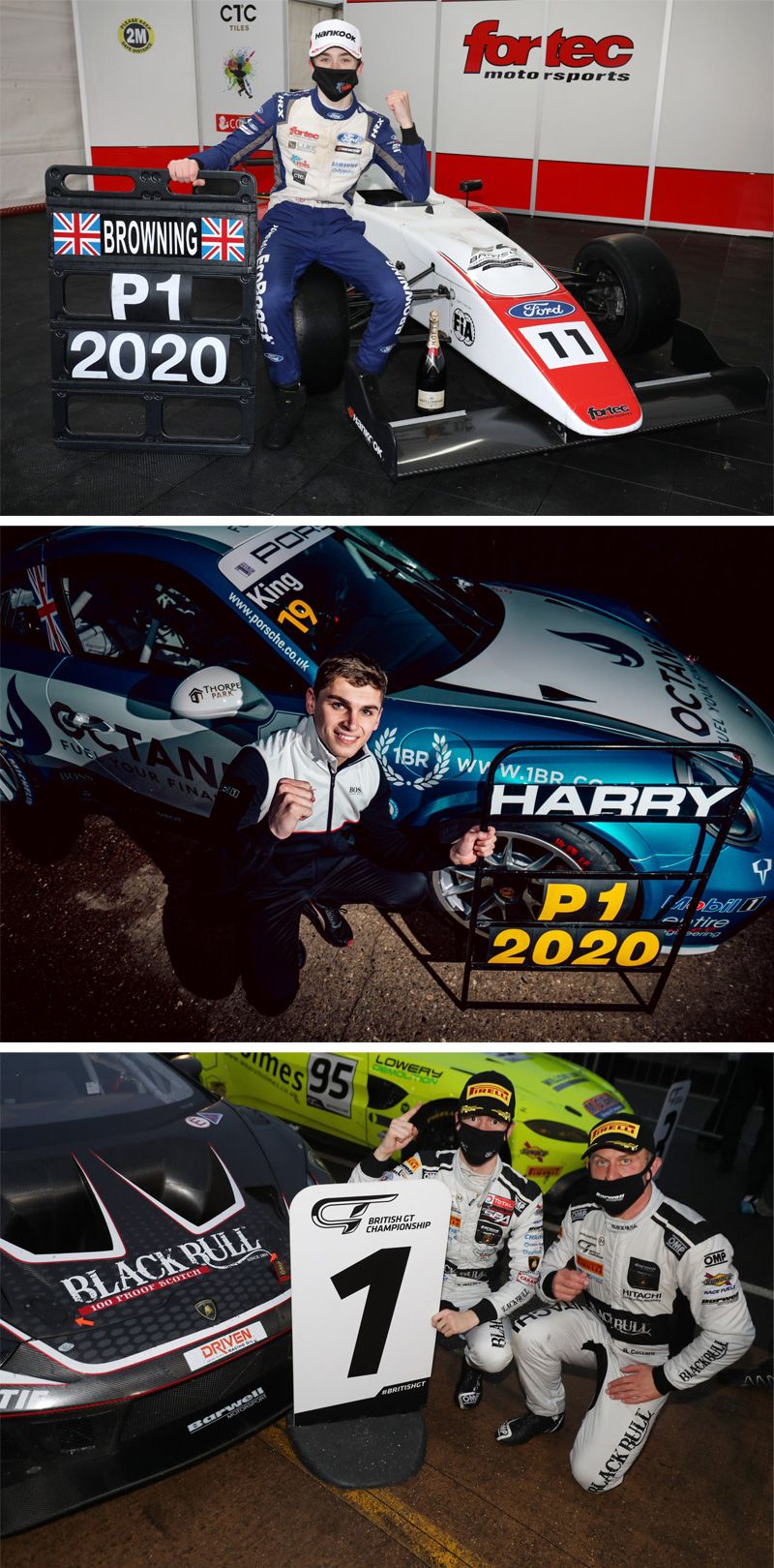 Pictured are Loughborough College Graduates - Luke Browning, Sandy Mitchell, Harry King standing next to their championship winning cars with a pit board sign marking number 1 in 2020