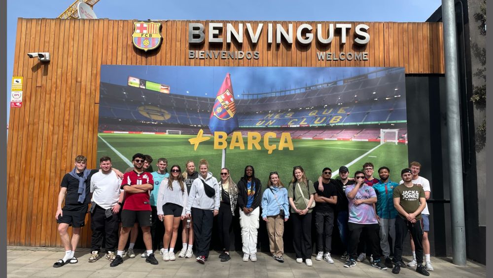 Students outside the Barcelona Football Stadium